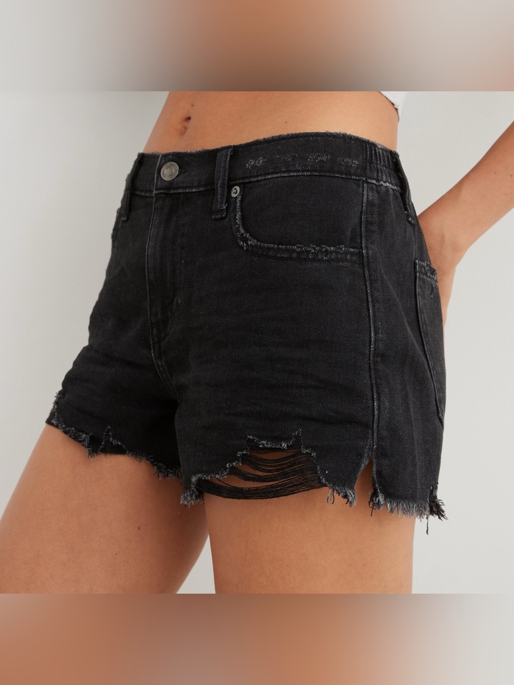 aerie Black Distressed High-Rise Denim Shorts